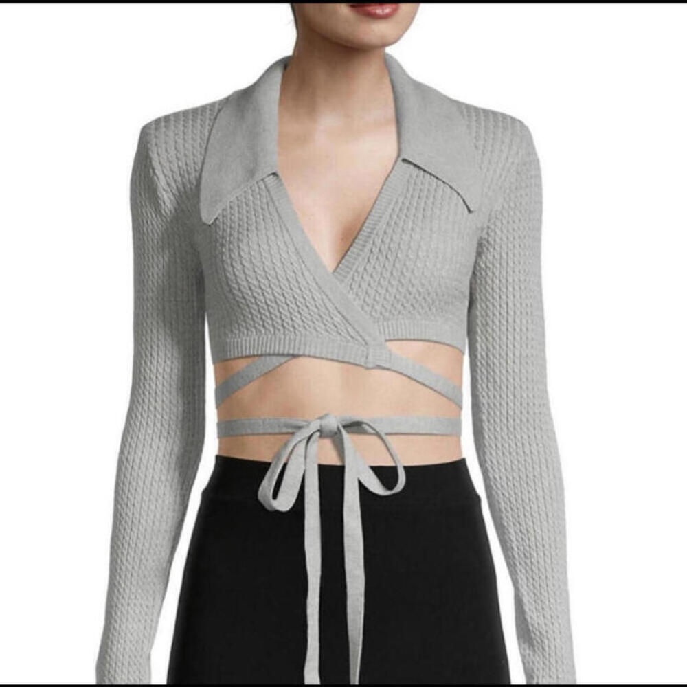 Danielle Bernstein Gray Cropped Wrap Sweater - image 1